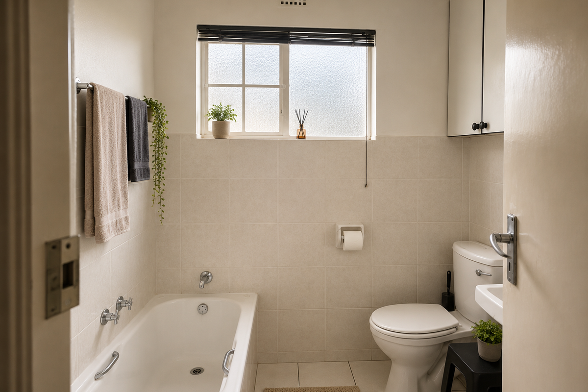 A functional bathroom featuring a bathtub, toilet, and washbasin with neutral wall tiling and built-in storage cabinetry.