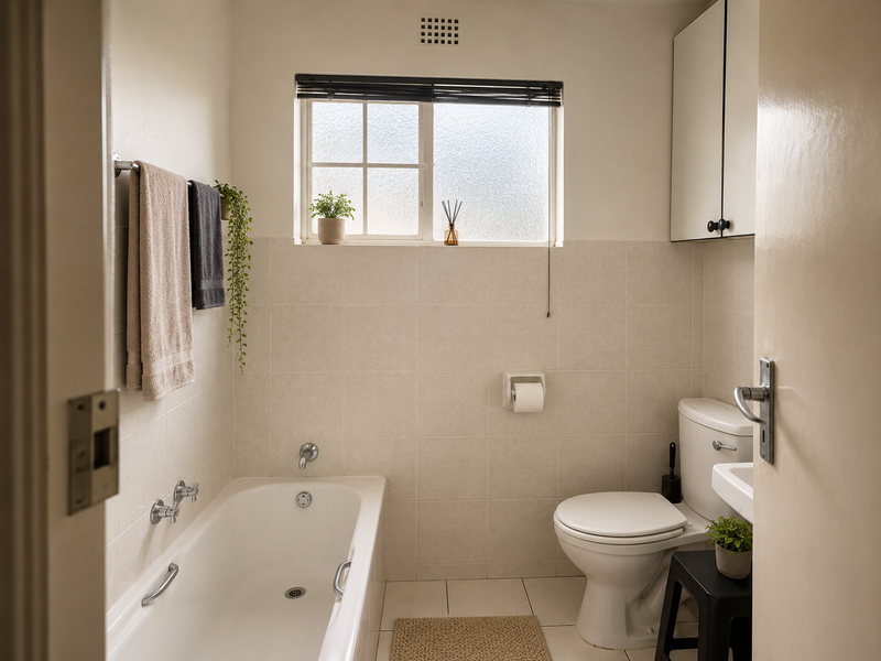 A functional bathroom featuring a bathtub, toilet, and washbasin with neutral wall tiling and built-in storage cabinetry.