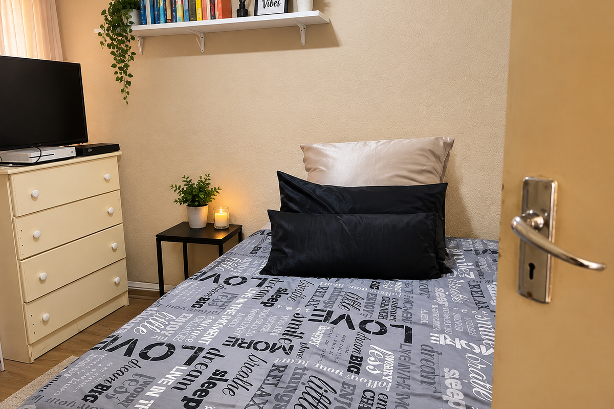 A cozy bedroom featuring a wall-mounted display shelf and standard interior door hardware.