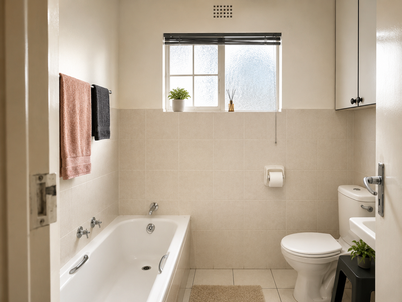 A functional bathroom featuring a bathtub, toilet, and washbasin with neutral wall tiling and built-in cabinetry.