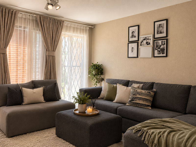 A well-lit living room featuring neutral walls, track lighting, and a secure sliding door with an integrated security gate.