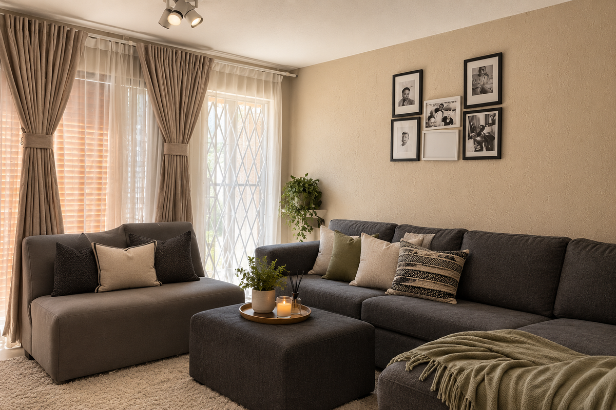 A well-lit living room featuring neutral walls, track lighting, and a secure sliding door with an integrated security gate.