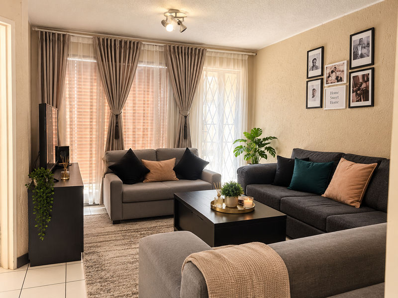 A well-maintained living room featuring tiled flooring, neutral wall finishes, and large windows with security gates, providing ample natural light.