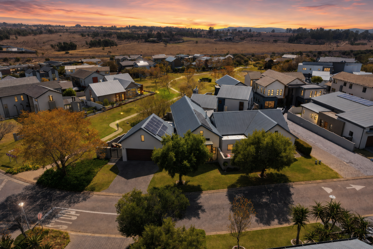Aerial view of a modern residential estate featuring homes with metal roofs, solar panels, and well-maintained landscaped gardens at sunset.