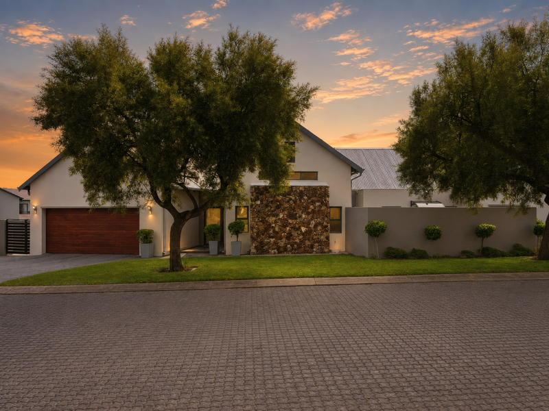 A modern residential front elevation featuring stone cladding, a timber garage door, and a well-maintained paved driveway at dusk.