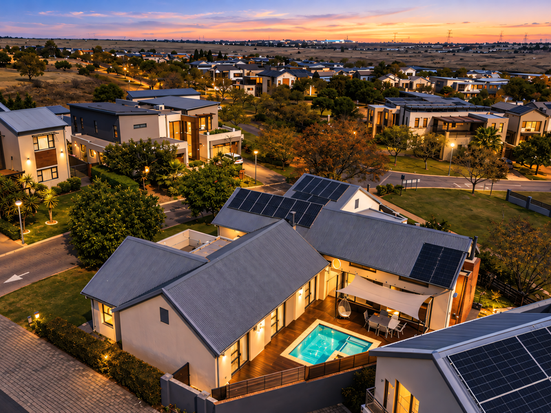 Aerial view of a modern residential estate at sunset, featuring homes with solar panels, private swimming pools, and landscaped surroundings.