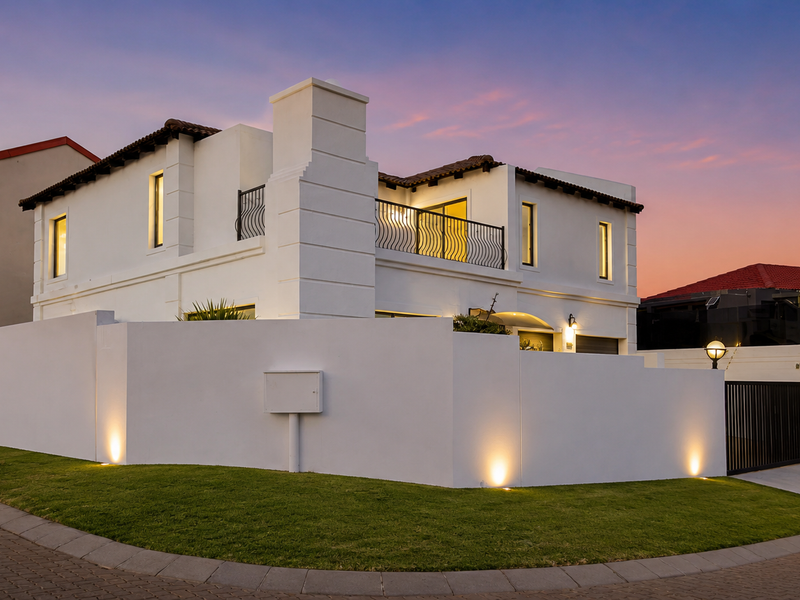 A modern two-story house exterior featuring a clean white facade, perimeter wall, balcony with iron railing, and integrated exterior lighting at dusk.