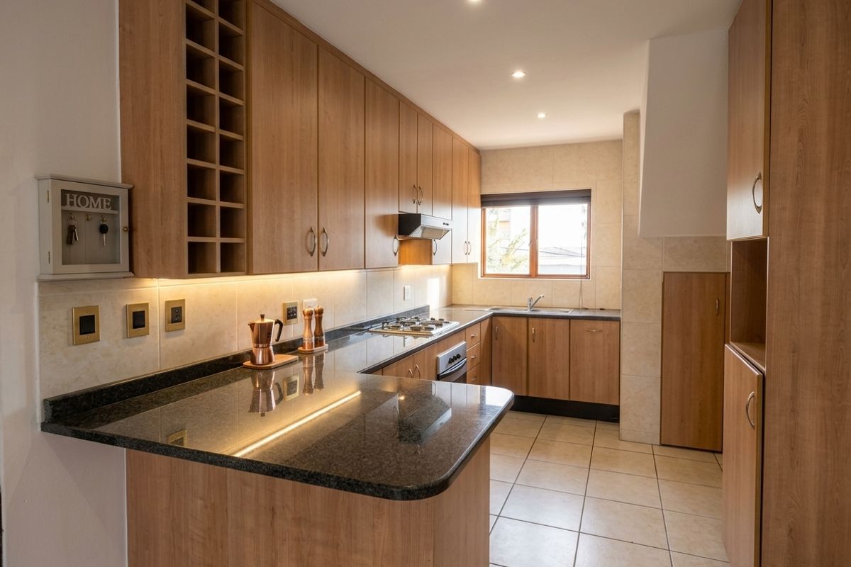A well-maintained kitchen featuring granite countertops, wooden cabinetry, integrated gas hob, oven, and extractor fan with modern under-cabinet lighting.