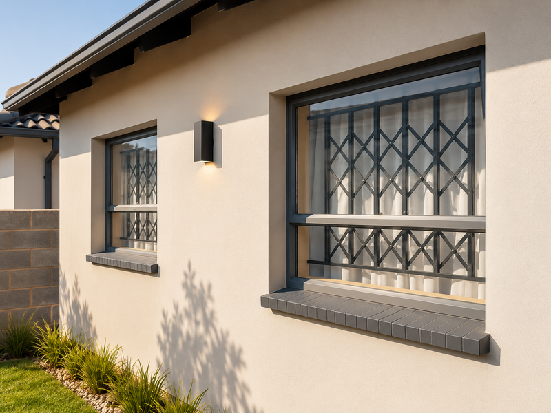 A well-maintained exterior view of the house featuring modern security gates on windows, external wall lighting, and a clean rendered facade.