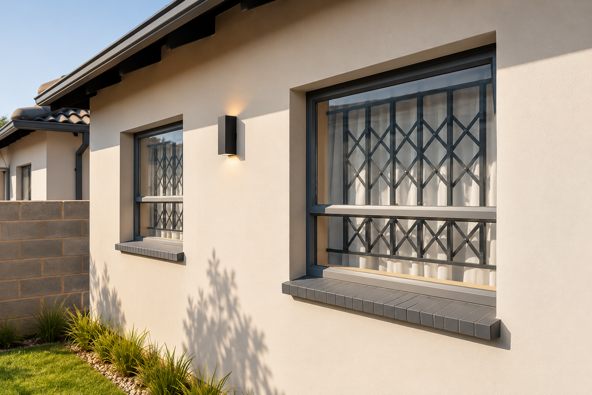 A well-maintained exterior view of the house featuring modern security gates on windows, external wall lighting, and a clean rendered facade.