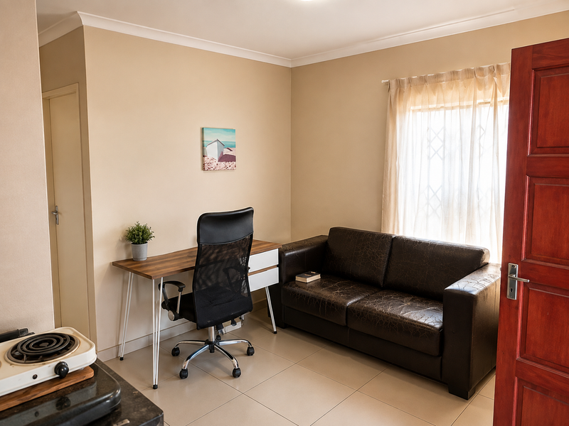 A functional living area featuring neutral wall tones, tiled flooring, and a solid timber door, providing a versatile space for relaxation or work.