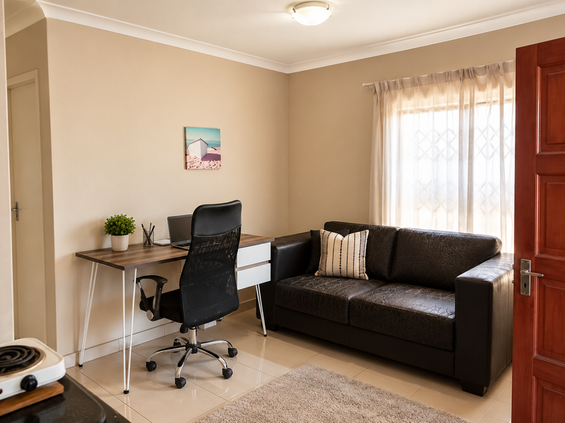 A functional home office space featuring tiled flooring, neutral wall tones, and natural light through a window with fitted curtaining.