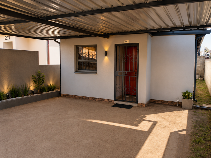A well-maintained front entrance area featuring a covered carport, secure metal gate, and modern exterior wall lighting.