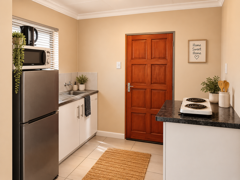 A compact, well-maintained kitchen featuring white cabinetry, dark laminate countertops, an electric hob, and tiled flooring with direct access to a timber door.