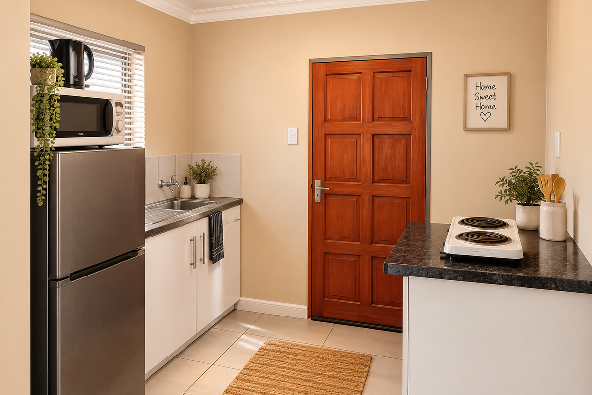 A compact, well-maintained kitchen featuring white cabinetry, dark laminate countertops, an electric hob, and tiled flooring with direct access to a timber door.