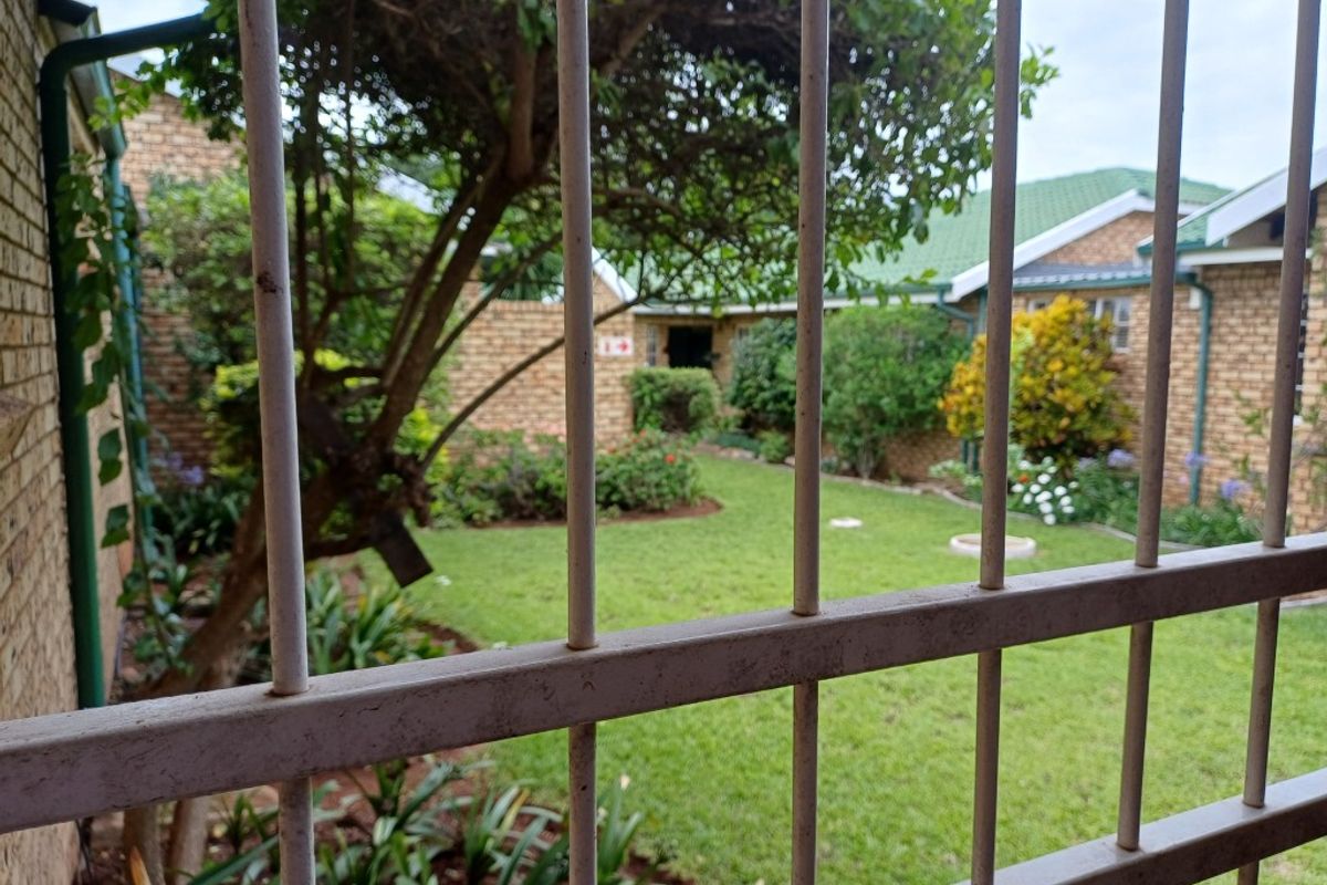 A view of the rear garden and brick townhouse facade, framed by metal security bars.
