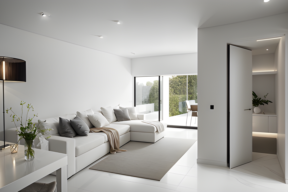 A bright, modern living room featuring sleek tiled floors, recessed lighting, and large sliding glass doors that open to an outdoor area.