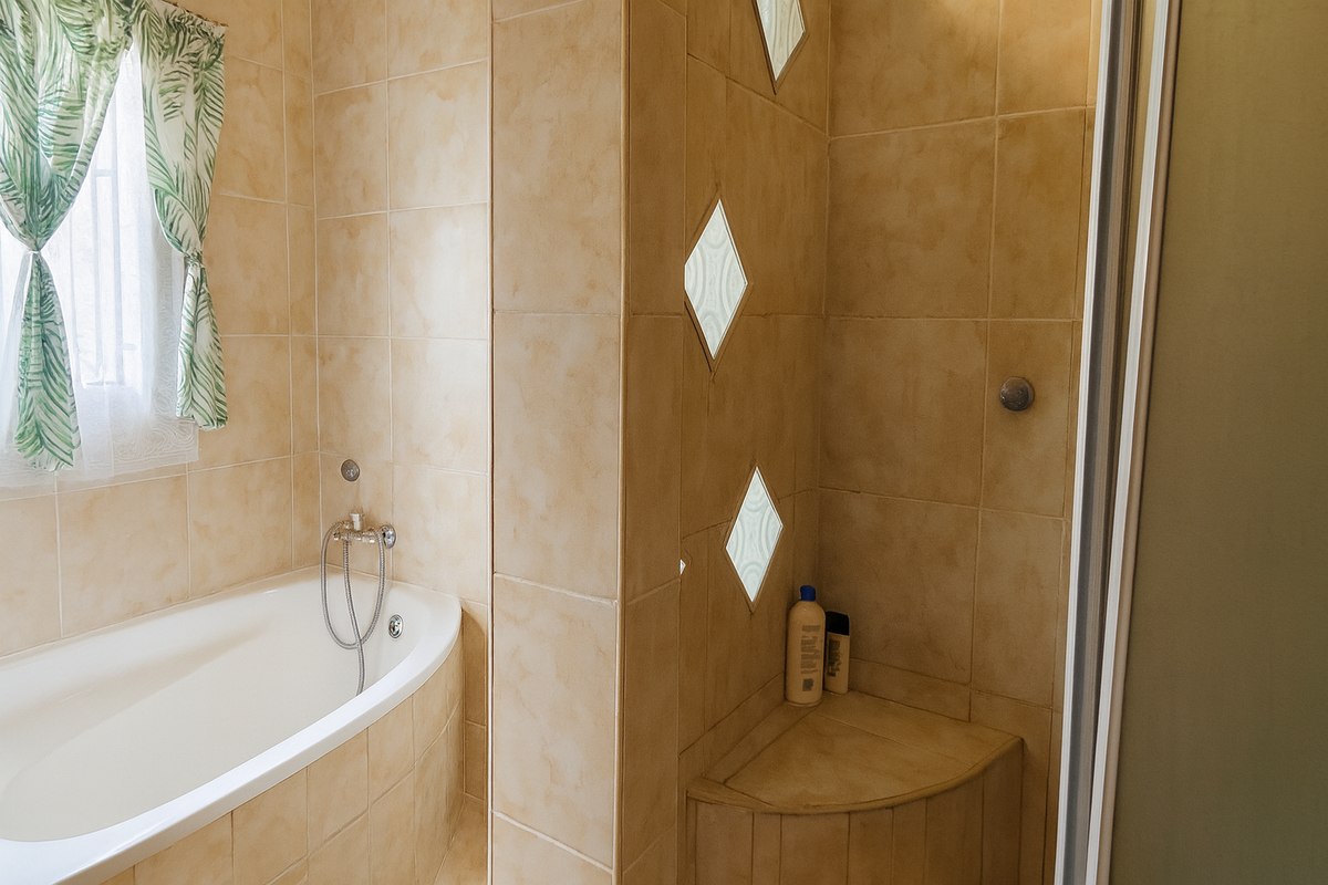A bathroom featuring a built-in bathtub and a separate shower enclosure with a built-in tiled seat and decorative glass accents.