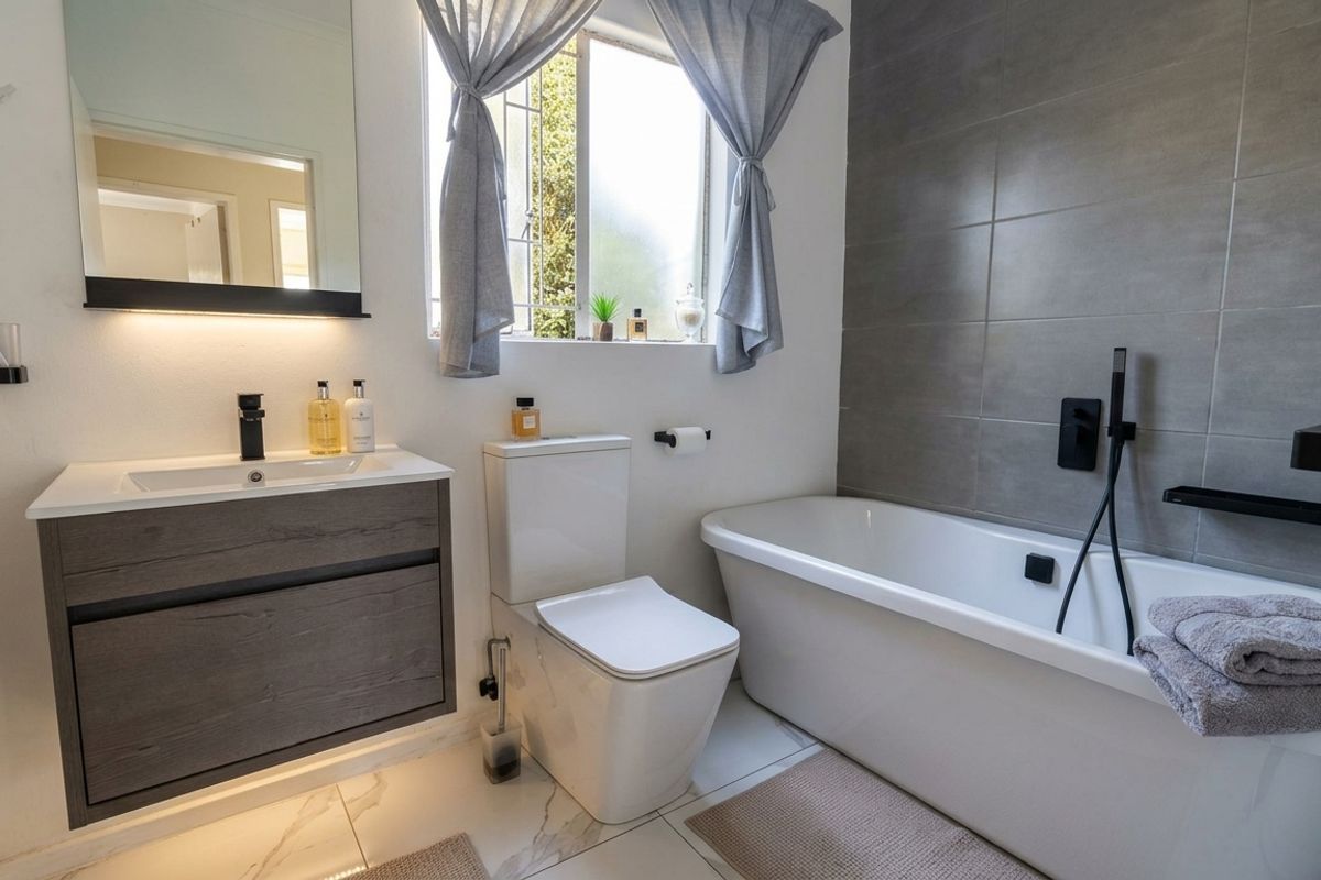 Modern bathroom featuring a floating vanity, freestanding bathtub with black fixtures, and contemporary grey wall tiling.