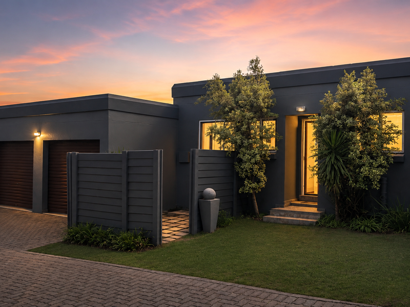 Modern townhouse exterior featuring a double garage, paved driveway, and well-maintained front entrance at dusk.