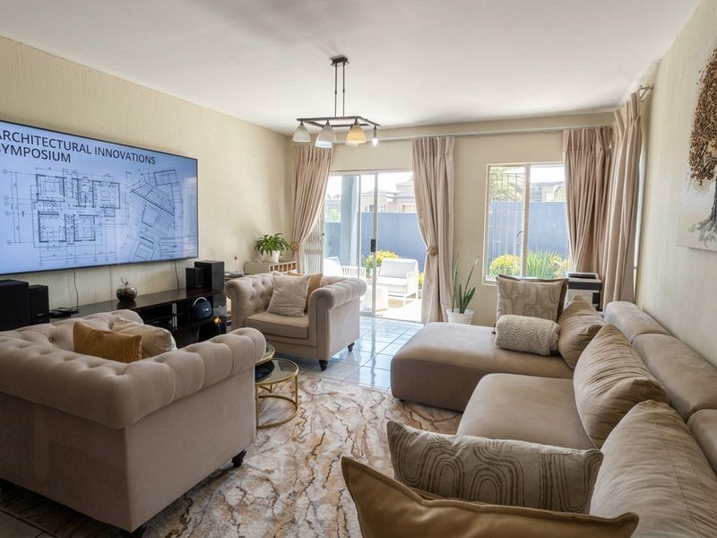 A bright and spacious living room featuring tiled flooring, a large sliding glass door leading to the patio, and neutral wall finishes.