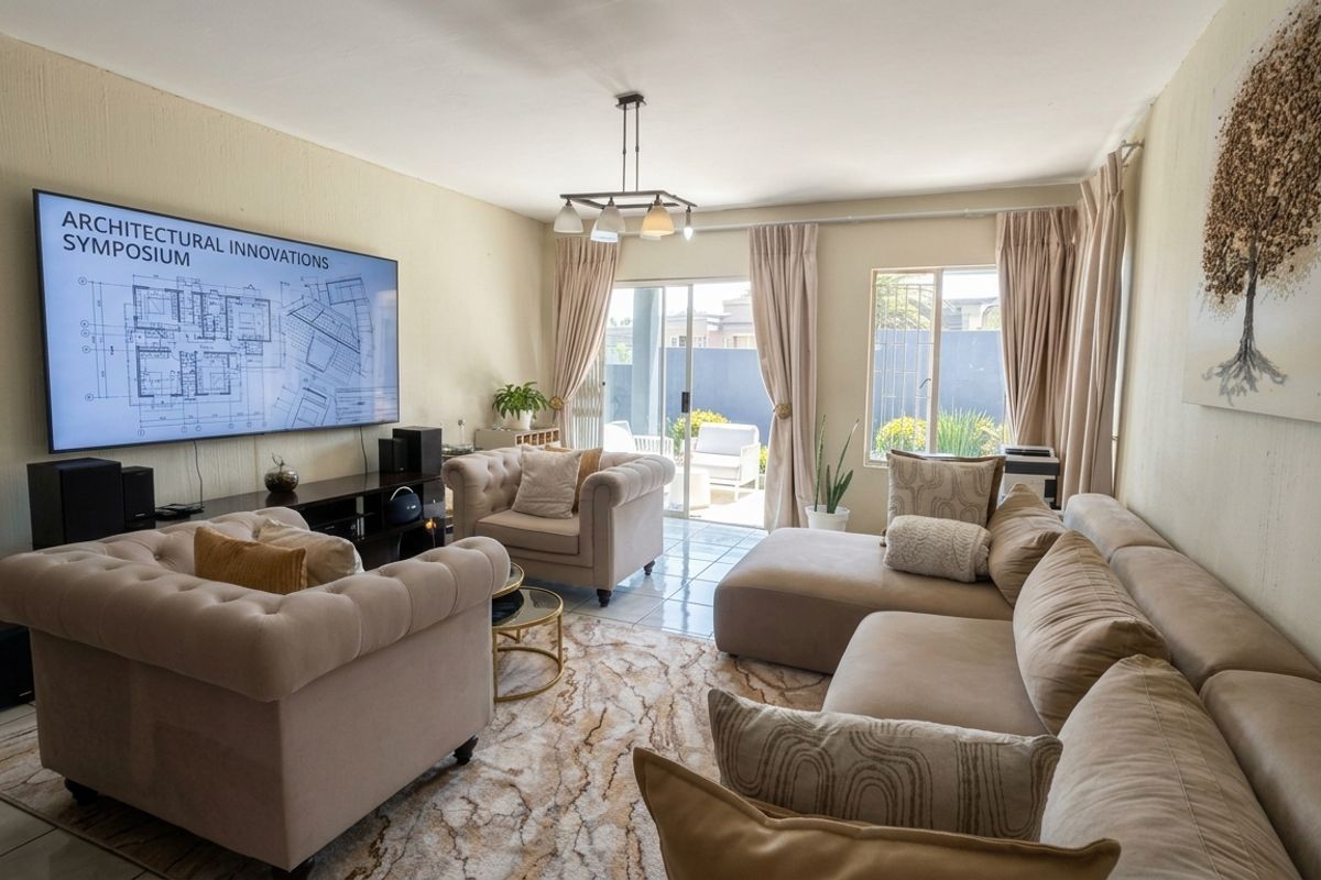 A bright and spacious living room featuring tiled flooring, a large sliding glass door leading to the patio, and neutral wall finishes.