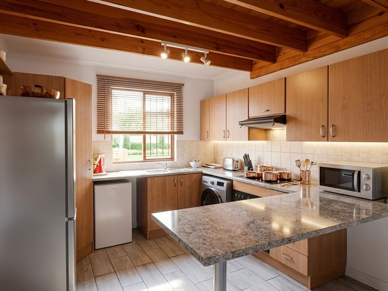 A well-maintained kitchen featuring warm wooden cabinetry, granite countertops, exposed timber ceiling beams, and integrated lighting, creating a functional and inviting culinary space.
