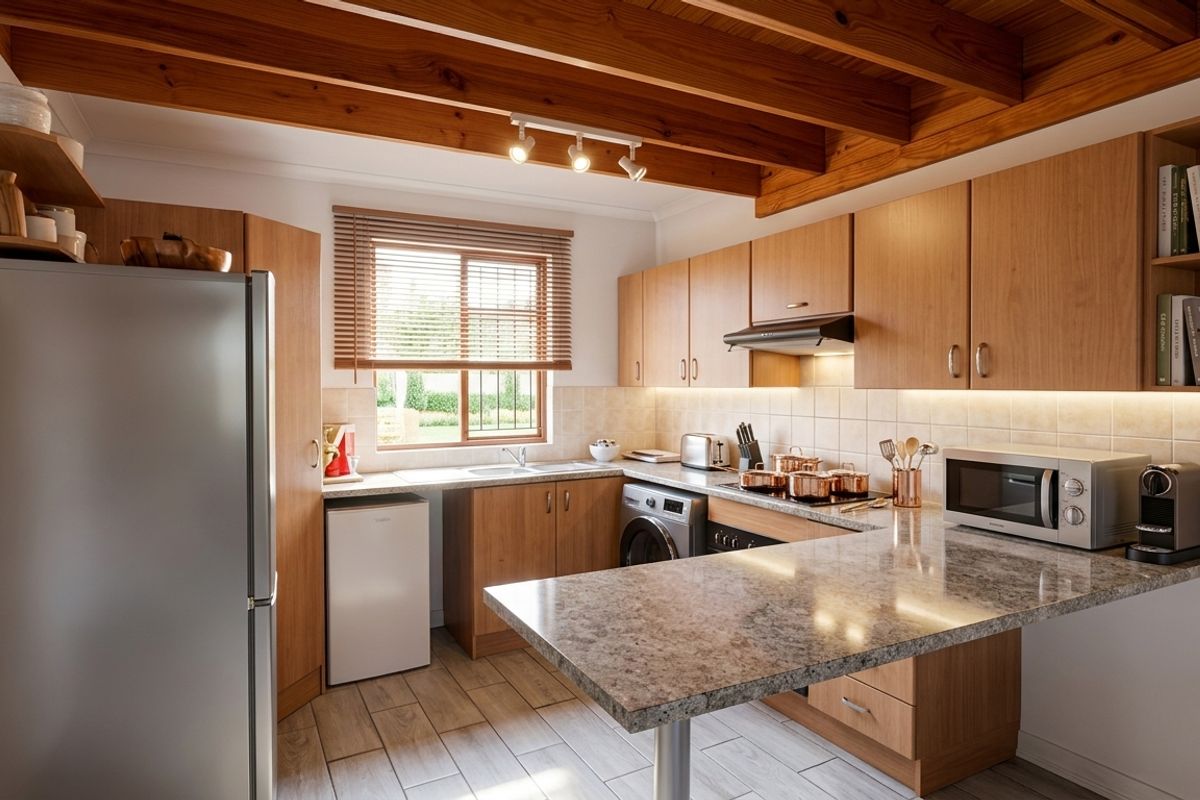 A well-maintained kitchen featuring warm wooden cabinetry, granite countertops, exposed timber ceiling beams, and integrated lighting, creating a functional and inviting culinary space.