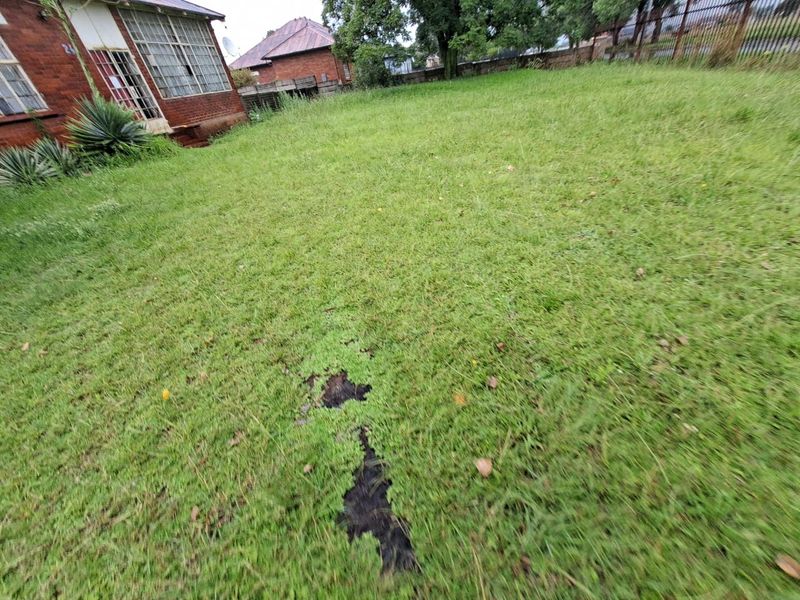 A view of the rear garden area featuring a brick exterior wall and an overgrown lawn with visible bare patches.