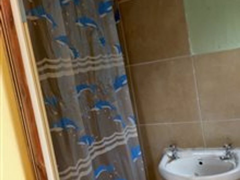 A compact bathroom featuring a wall-mounted basin and a shower area with tiled walls.