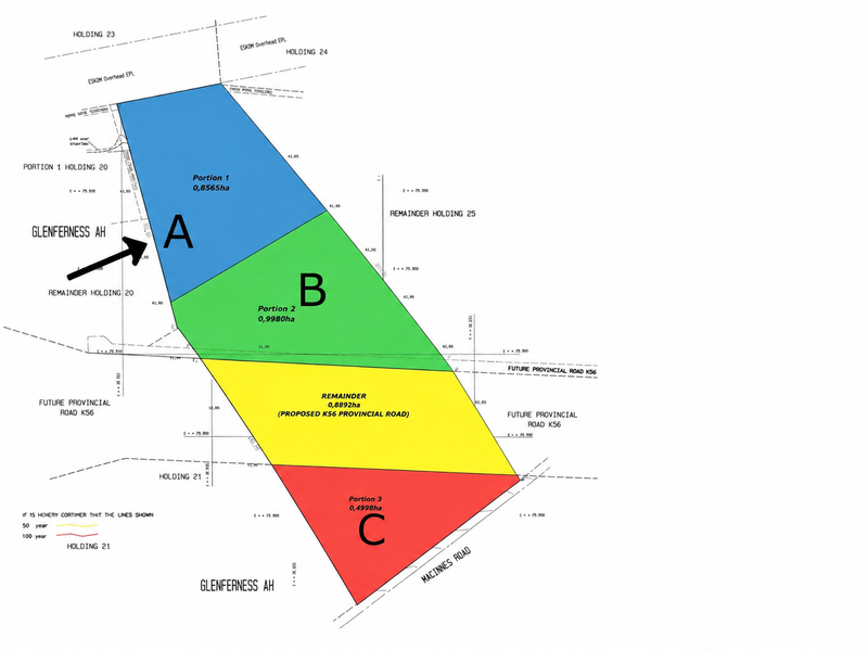 A cadastral survey map illustrating the subdivision of the property into three distinct portions and a remainder section.