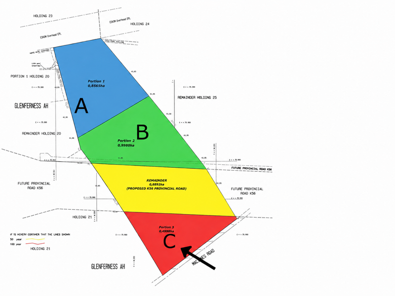 A detailed survey map illustrating the subdivision of the residential land parcel into multiple portions, including road reserve designations.
