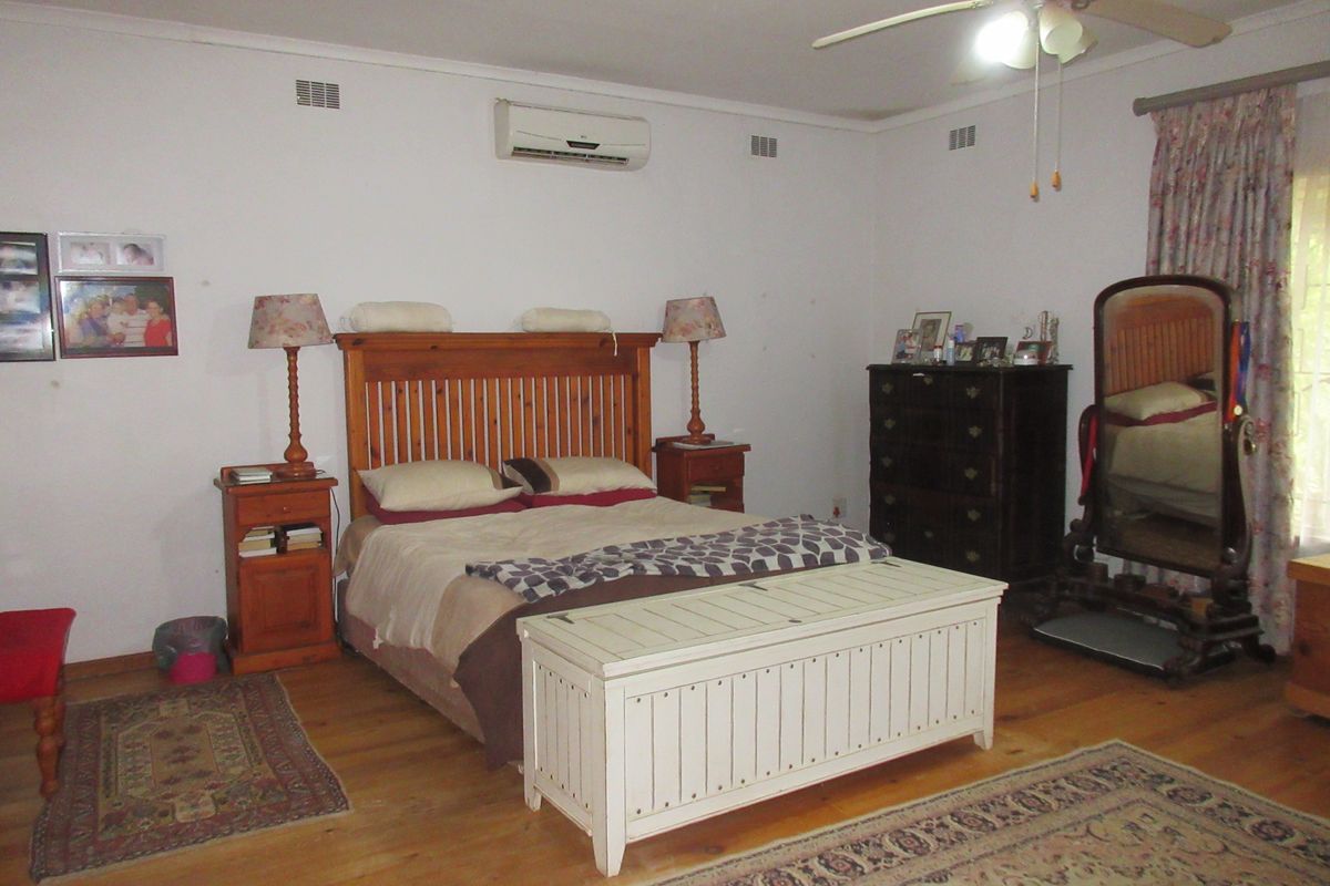 A spacious bedroom featuring timber flooring, a ceiling fan, and a wall-mounted split-system air conditioner.