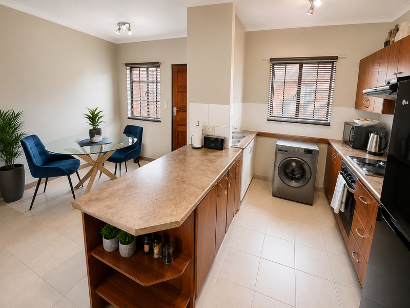 Open-plan kitchen and dining area featuring wooden cabinetry, laminate countertops, tiled flooring, and integrated appliances, creating a functional and cohesive living space.