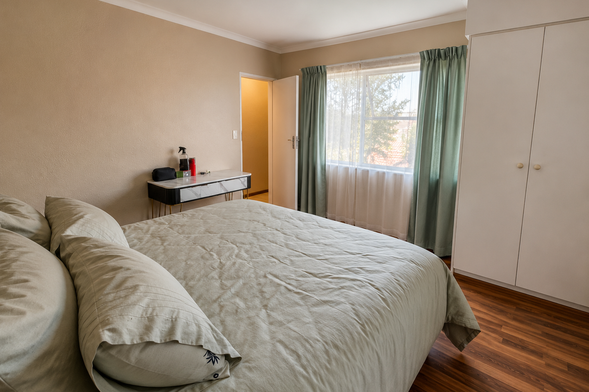 A well-maintained bedroom featuring laminate flooring, a built-in wardrobe, and neutral wall finishes, offering a comfortable and functional living space.