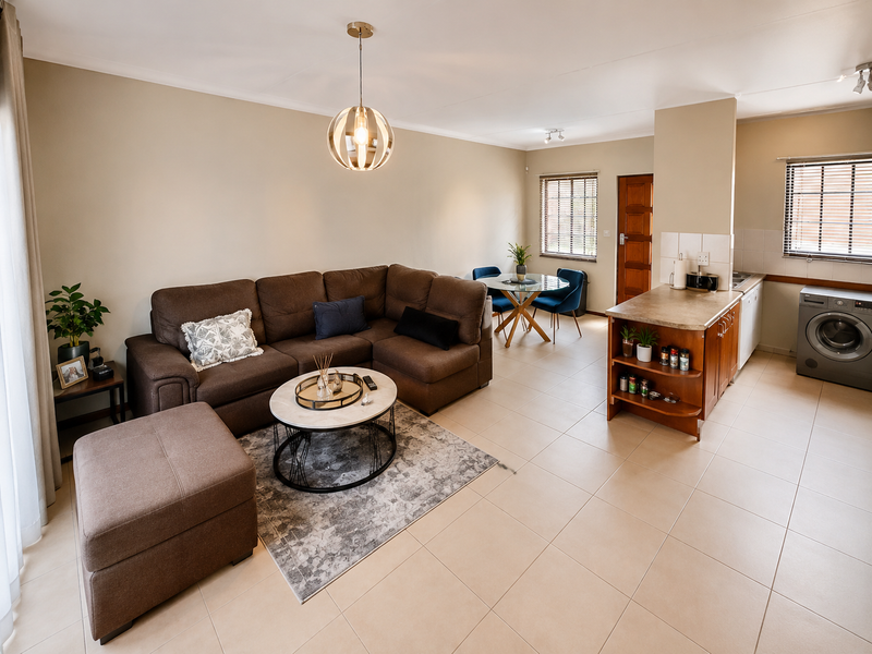 Open-plan living area featuring tiled floors, a functional kitchen with built-in cabinetry, and integrated laundry space, creating a cohesive and practical living environment.