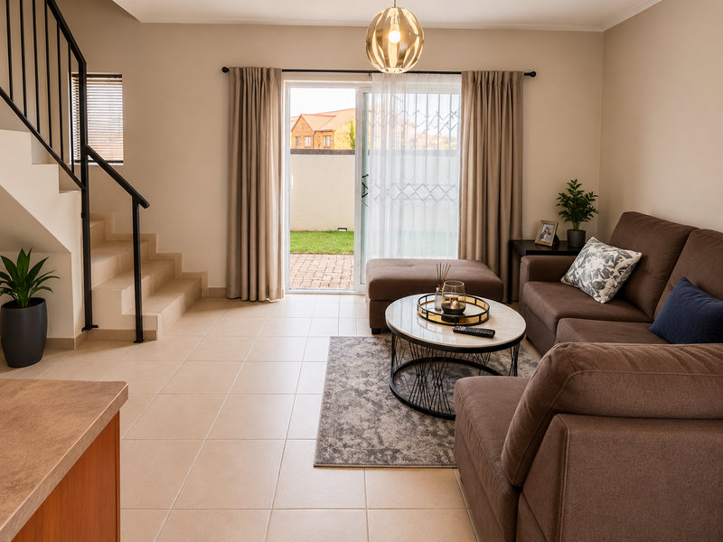 A bright living room featuring tiled floors, a staircase with a metal balustrade, and a sliding glass door providing access to the rear patio.
