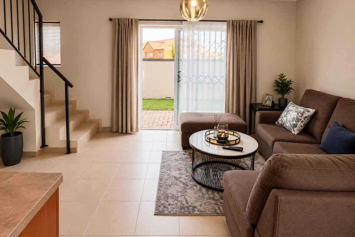A bright living room featuring tiled floors, a staircase with a metal balustrade, and a sliding glass door providing access to the rear patio.