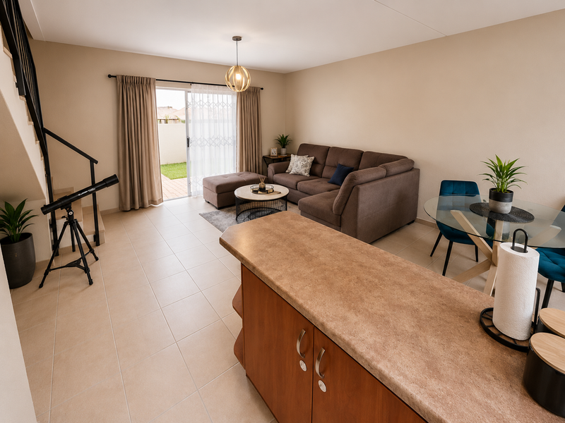 Open-plan living and dining area featuring tiled floors, a kitchen island, and sliding door access to the rear patio.