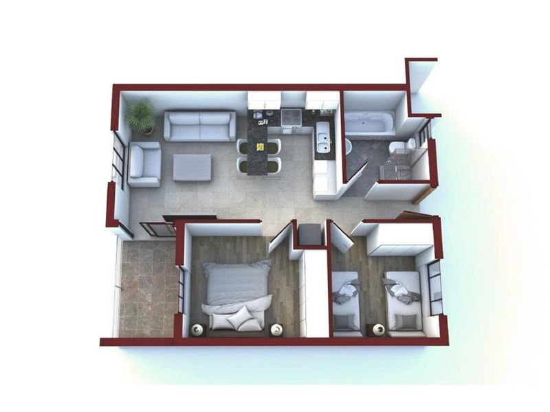 A 3D floor plan showing a two-bedroom apartment layout with an open-plan kitchen, living area, and a bathroom.
