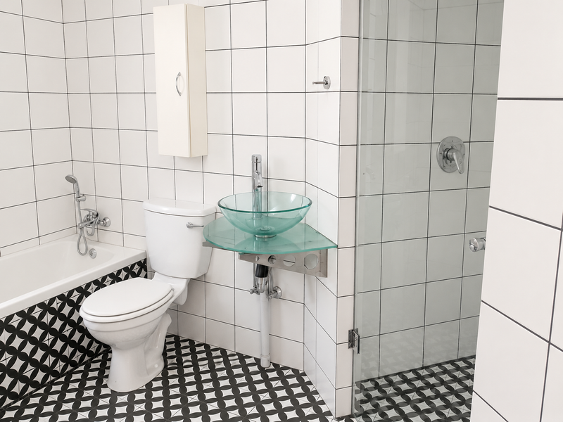 Modern bathroom featuring a glass vessel sink, bathtub, and separate glass-enclosed shower with patterned floor tiling and white wall tiles.