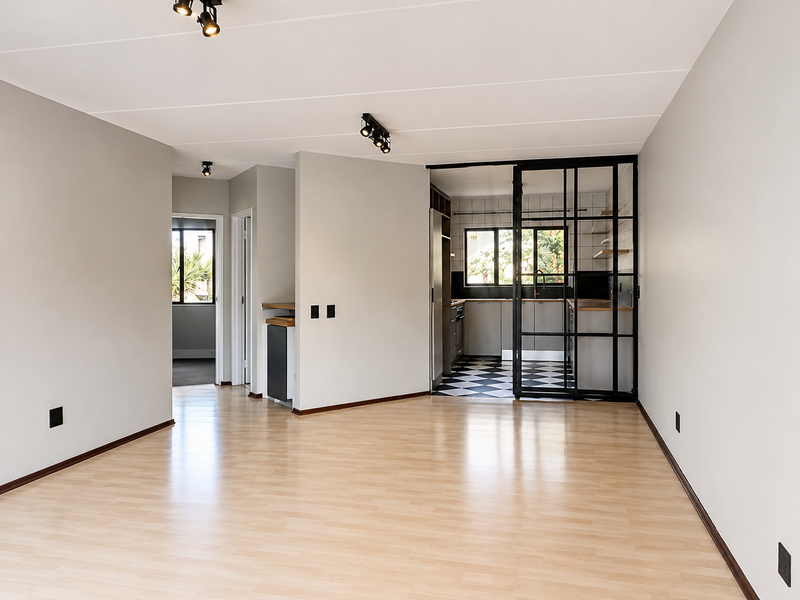 Spacious open-plan living area featuring light laminate flooring, modern track lighting, and a stylish black-framed glass partition leading to a separate kitchen space.