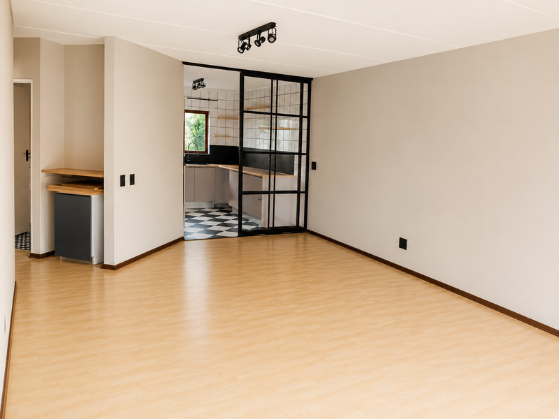 Spacious open-plan living area featuring light laminate flooring, modern track lighting, and a stylish black metal-framed glass partition leading to the kitchen.