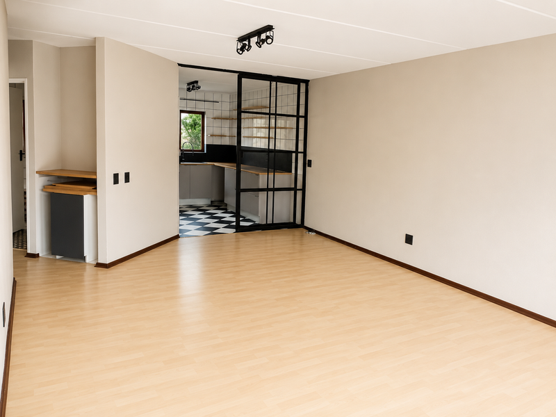 Spacious open-plan living area featuring light laminate flooring, neutral walls, and a modern black metal-framed glass partition leading to a separate kitchen space.