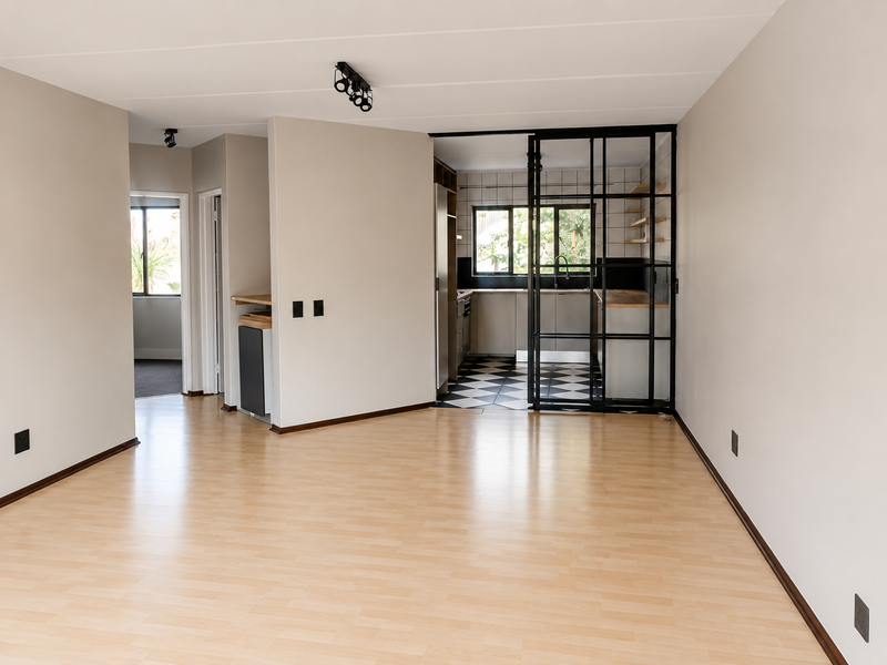 Spacious open-plan living area featuring light laminate flooring and a modern black metal-framed glass partition separating the kitchen space.