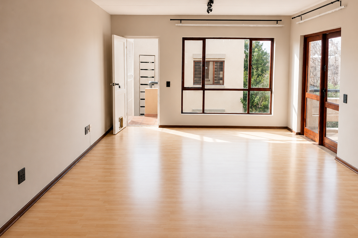 A bright, empty living room featuring light-toned laminate flooring, large windows, and direct access to an outdoor area through a glass panel door.