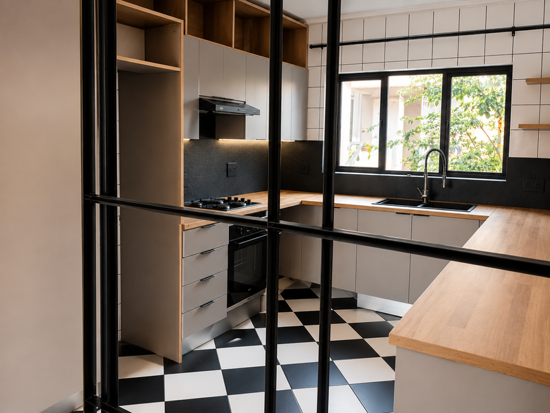 Modern kitchen featuring light grey cabinetry, wooden countertops, a gas hob, and a striking black and white checkered floor, viewed through a stylish metal divider.