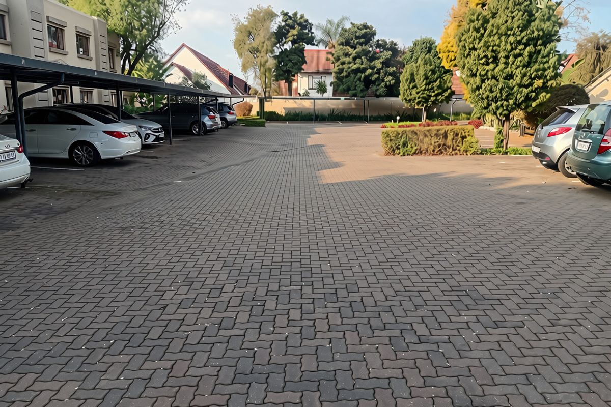 A well-maintained paved parking area featuring covered carports and established garden landscaping within the apartment complex grounds.