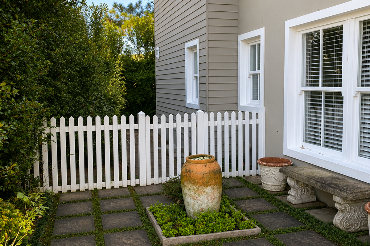 A well-maintained rear courtyard featuring stone pavers, a white picket fence, and classic weatherboard exterior cladding.