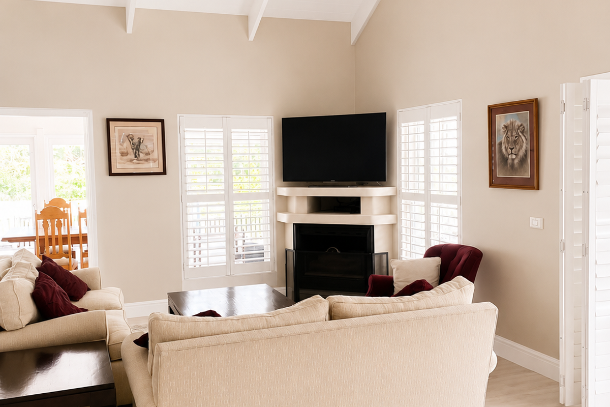 Spacious living room featuring a high vaulted ceiling with exposed beams, a corner fireplace, and plantation shutters allowing for ample natural light.